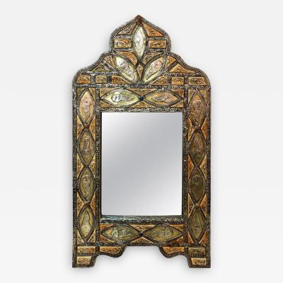 Moroccan Vanity or Wall Mirror Arched in Brass and Orange Natural Bone