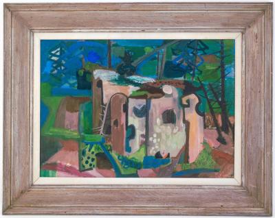 Morris M Shulman Framed 1940s Abstract Landscape Painting by Morris Shulman