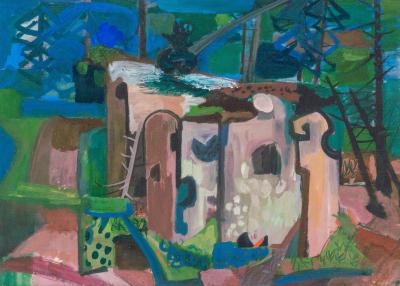 Morris M Shulman Framed 1940s Abstract Landscape Painting by Morris Shulman