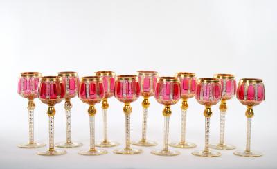 Moser Gilt Gold Enameled Pink Paneled wine Service 12 People