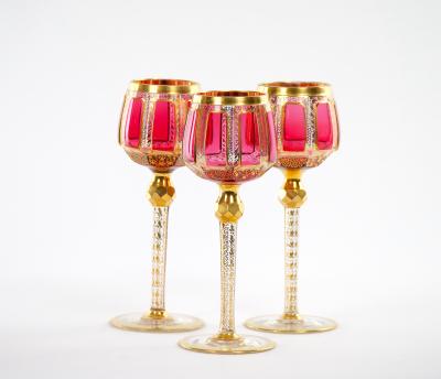 Moser Gilt Gold Enameled Pink Paneled wine Service 12 People