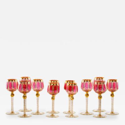 Moser Gilt Gold Enameled Pink Paneled wine Service 12 People