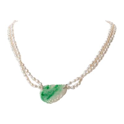 Moss In Snow Jade Leaf on a Baroque Freshwater Pearl Necklace 1800s 