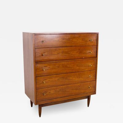 Mount Airy Mid Century Walnut and Brass 5 Drawer Highboy Dresser