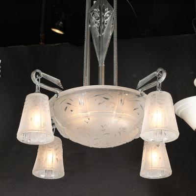 Muller Fr res Art Deco 4 Arm Frosted Glass Silvered Bronze Chandelier Signed Muller Fr res