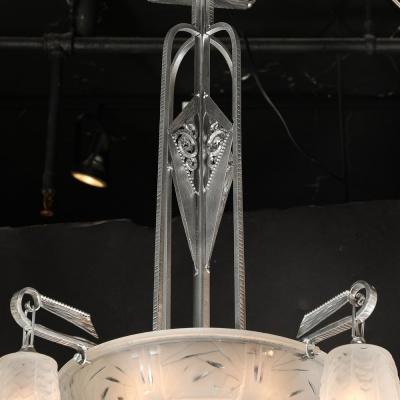 Muller Fr res Art Deco 4 Arm Frosted Glass Silvered Bronze Chandelier Signed Muller Fr res