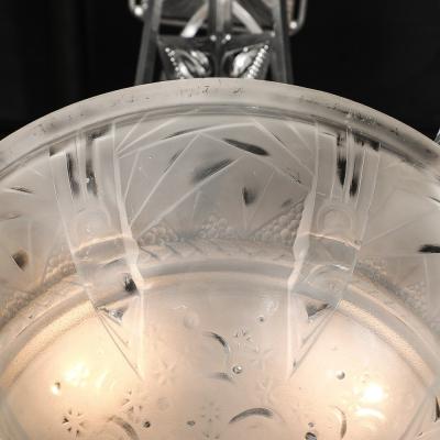 Muller Fr res Art Deco 4 Arm Frosted Glass Silvered Bronze Chandelier Signed Muller Fr res