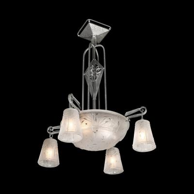 Muller Fr res Art Deco 4 Arm Frosted Glass Silvered Bronze Chandelier Signed Muller Fr res