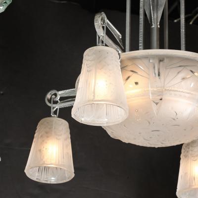 Muller Fr res Art Deco 4 Arm Frosted Glass Silvered Bronze Chandelier Signed Muller Fr res
