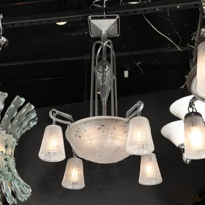 Muller Fr res Art Deco 4 Arm Frosted Glass Silvered Bronze Chandelier Signed Muller Fr res