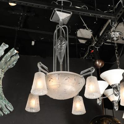 Muller Fr res Art Deco 4 Arm Frosted Glass Silvered Bronze Chandelier Signed Muller Fr res