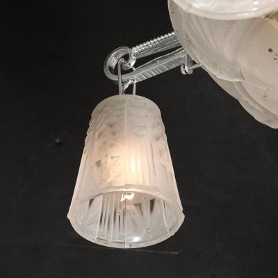 Muller Fr res Art Deco 4 Arm Frosted Glass Silvered Bronze Chandelier Signed Muller Fr res