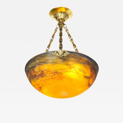 Muller Fr res Art Deco Antiqued Brass and Hand Blown Mottled Glass Chandelier by Muller Fr res