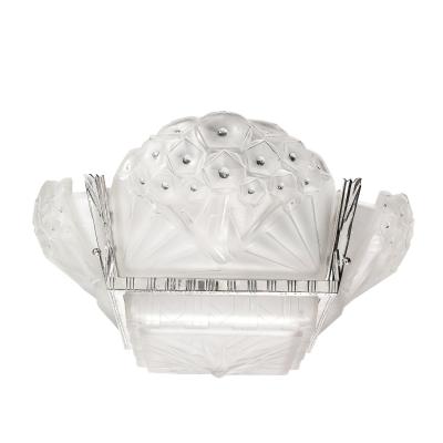 Muller Fr res Art Deco Cubist Frosted Glass Silvered Bronze Chandelier signed Muller Freres