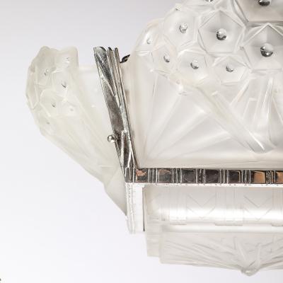 Muller Fr res Art Deco Cubist Frosted Glass Silvered Bronze Chandelier signed Muller Freres