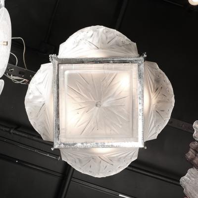 Muller Fr res Art Deco Cubist Frosted Glass Silvered Bronze Chandelier signed Muller Freres