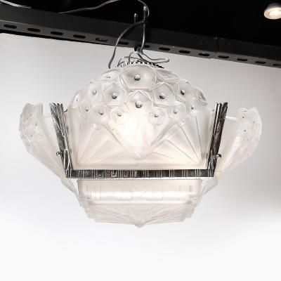 Muller Fr res Art Deco Cubist Frosted Glass Silvered Bronze Chandelier signed Muller Freres