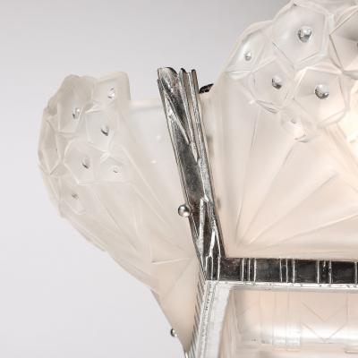 Muller Fr res Art Deco Cubist Frosted Glass Silvered Bronze Chandelier signed Muller Freres