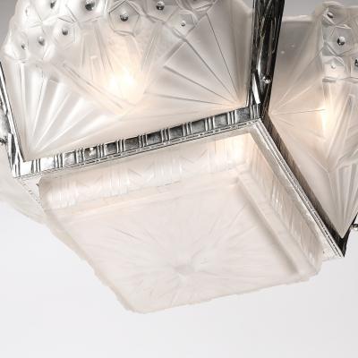 Muller Fr res Art Deco Cubist Frosted Glass Silvered Bronze Chandelier signed Muller Freres