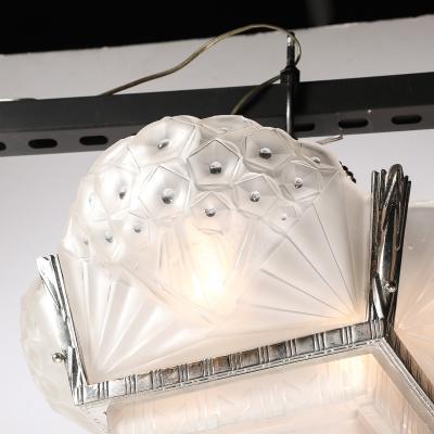 Muller Fr res Art Deco Cubist Frosted Glass Silvered Bronze Chandelier signed Muller Freres