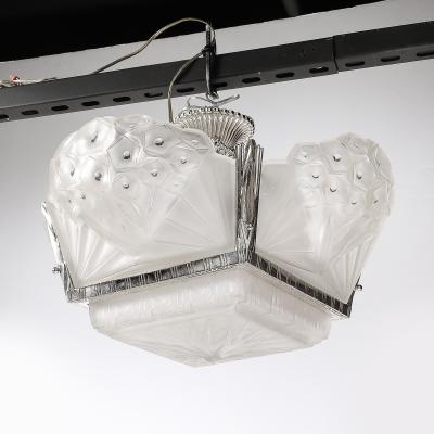 Muller Fr res Art Deco Cubist Frosted Glass Silvered Bronze Chandelier signed Muller Freres