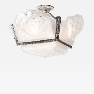 Muller Fr res Art Deco Cubist Frosted Glass Silvered Bronze Chandelier signed Muller Freres