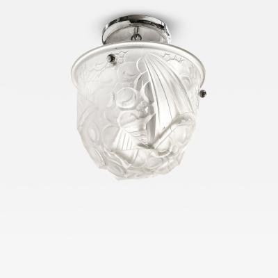 Muller Fr res Art Deco Molded Frosted Glass Pendant w Cubist Detailing by Muller Freres