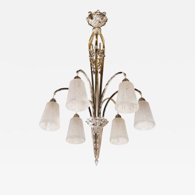 Muller Fr res Exquisite Art Deco Nickeled Bronze Chandelier by Muller Fr res