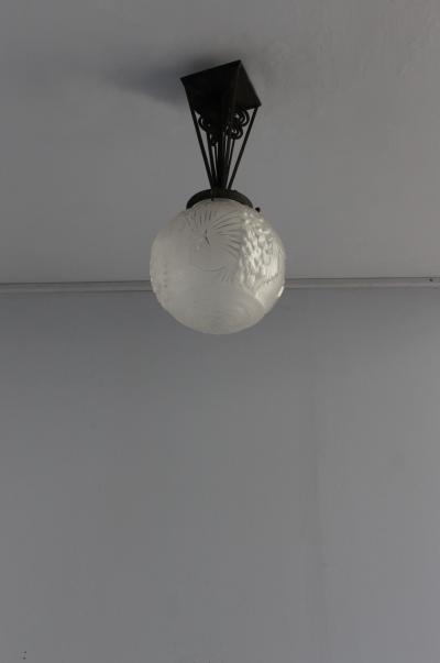 Muller Fr res FINE FRENCH ART DECO WROUGHT IRON AND FROSTED GLASS PENDANT BY MULLER FR RES