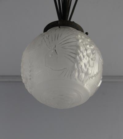 Muller Fr res FINE FRENCH ART DECO WROUGHT IRON AND FROSTED GLASS PENDANT BY MULLER FR RES