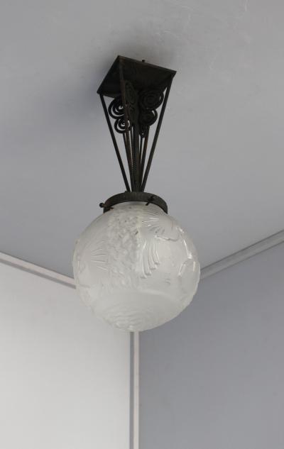 Muller Fr res FINE FRENCH ART DECO WROUGHT IRON AND FROSTED GLASS PENDANT BY MULLER FR RES