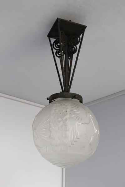 Muller Fr res FINE FRENCH ART DECO WROUGHT IRON AND FROSTED GLASS PENDANT BY MULLER FR RES