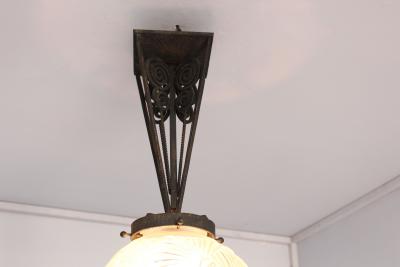 Muller Fr res FINE FRENCH ART DECO WROUGHT IRON AND FROSTED GLASS PENDANT BY MULLER FR RES