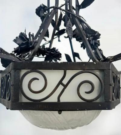 Muller Fr res French Art Deco Wrought Iron Glass Chandelier Muller Freres Attributed c1930