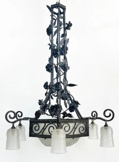 Muller Fr res French Art Deco Wrought Iron Glass Chandelier Muller Freres Attributed c1930