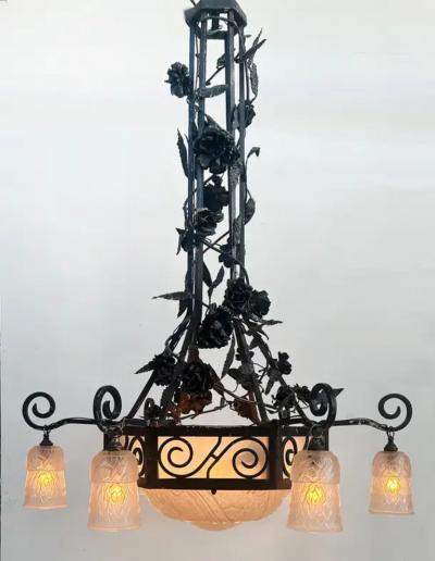 Muller Fr res French Art Deco Wrought Iron Glass Chandelier Muller Freres Attributed c1930
