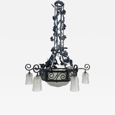 Muller Fr res French Art Deco Wrought Iron Glass Chandelier Muller Freres Attributed c1930