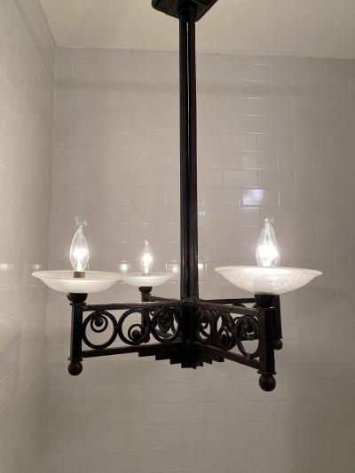 Muller Fr res French Art Deco Wrought Iron and Glass Chandelier