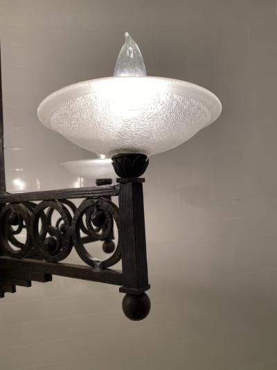 Muller Fr res French Art Deco Wrought Iron and Glass Chandelier