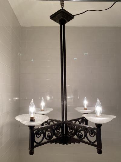 Muller Fr res French Art Deco Wrought Iron and Glass Chandelier