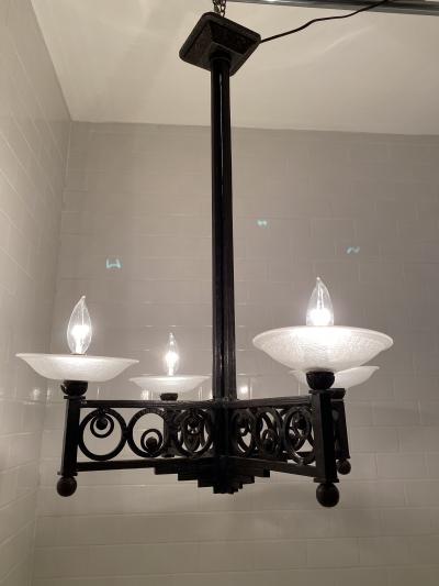 Muller Fr res French Art Deco Wrought Iron and Glass Chandelier