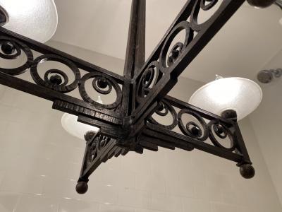 Muller Fr res French Art Deco Wrought Iron and Glass Chandelier