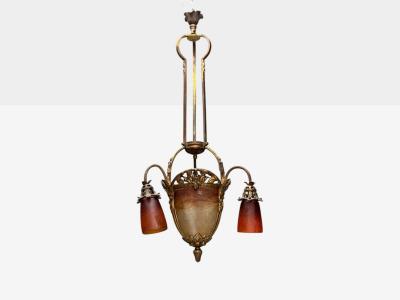 Muller Fr res Muller Fr res French Art Deco Bronze Glass Chandelier France 1920s