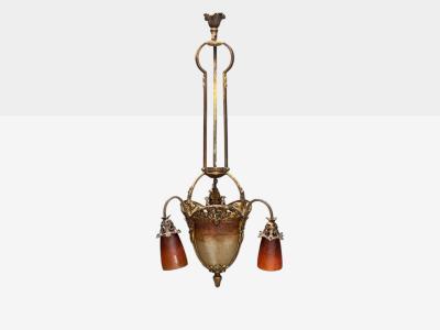 Muller Fr res Muller Fr res French Art Deco Bronze Glass Chandelier France 1920s