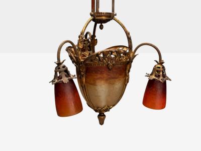 Muller Fr res Muller Fr res French Art Deco Bronze Glass Chandelier France 1920s
