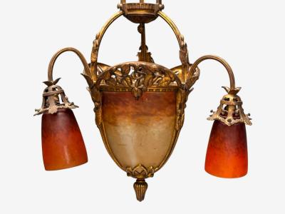 Muller Fr res Muller Fr res French Art Deco Bronze Glass Chandelier France 1920s