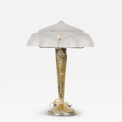 Muller Fr res Muller Freres Art Deco French Metal and Frosted Glass Table Lamp