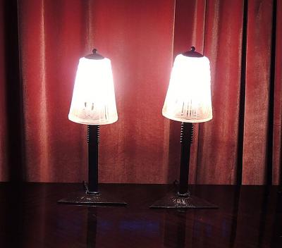 Muller Fr res Pair of Peach Art Deco Muller Glass and Iron Lamps