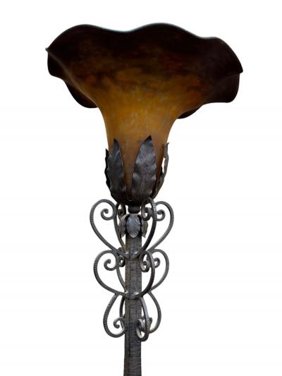 Muller Fr res SIGNED MULLER FRERES GLASS WROUGHT IRON ART DECO TORCHIERE BY FRANCOIS CARION