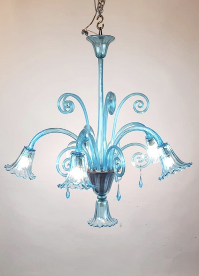 Murano Blue Glass Chandelier 5 Arms Of Light 1940s